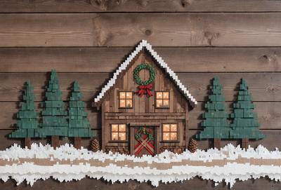 The primary subject of the image is a wooden house with a snow-covered roof, surrounded by trees. The setting is a winter scene with a snow-covered ground. The visual style is a combination of digital art and illustration, creating a unique and festive atmosphere. The colors and mood are predominantly white and cold, with the snow-covered roof and trees adding a touch of warmth and coziness to the scene.